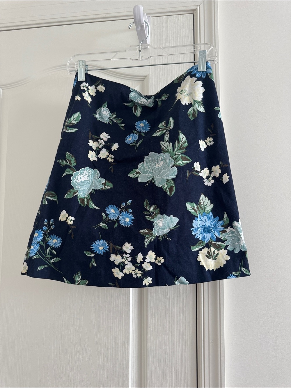 Ann Taylor Factory Navy Floral Midi Skirt with Blue and Cream Flowers